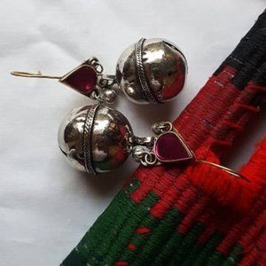 Big Afghan bell Earing, Afghan Earrings With Pink Glass Stone, Tribal Boho Jewel